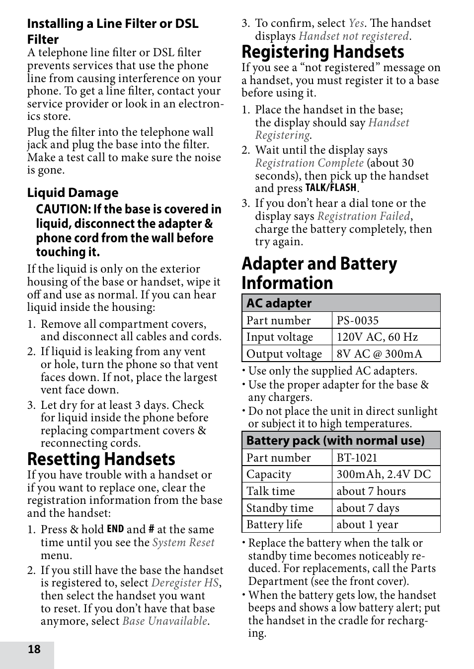 Resetting handsets, Registering handsets, Adapter and battery information | Uniden D1680-9 User Manual | Page 18 / 22