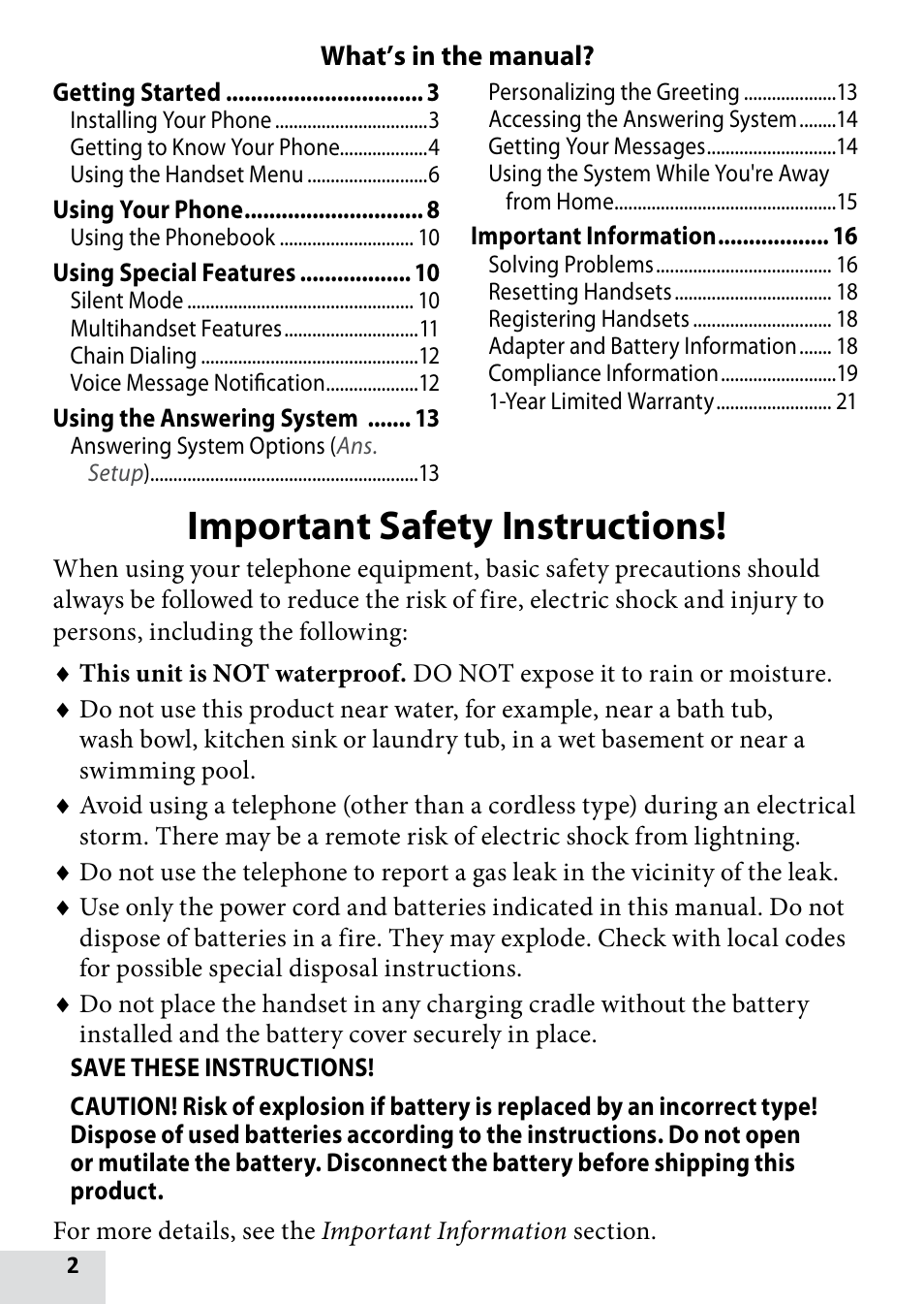 Important safety instructions | Uniden D1680-9 User Manual | Page 2 / 22