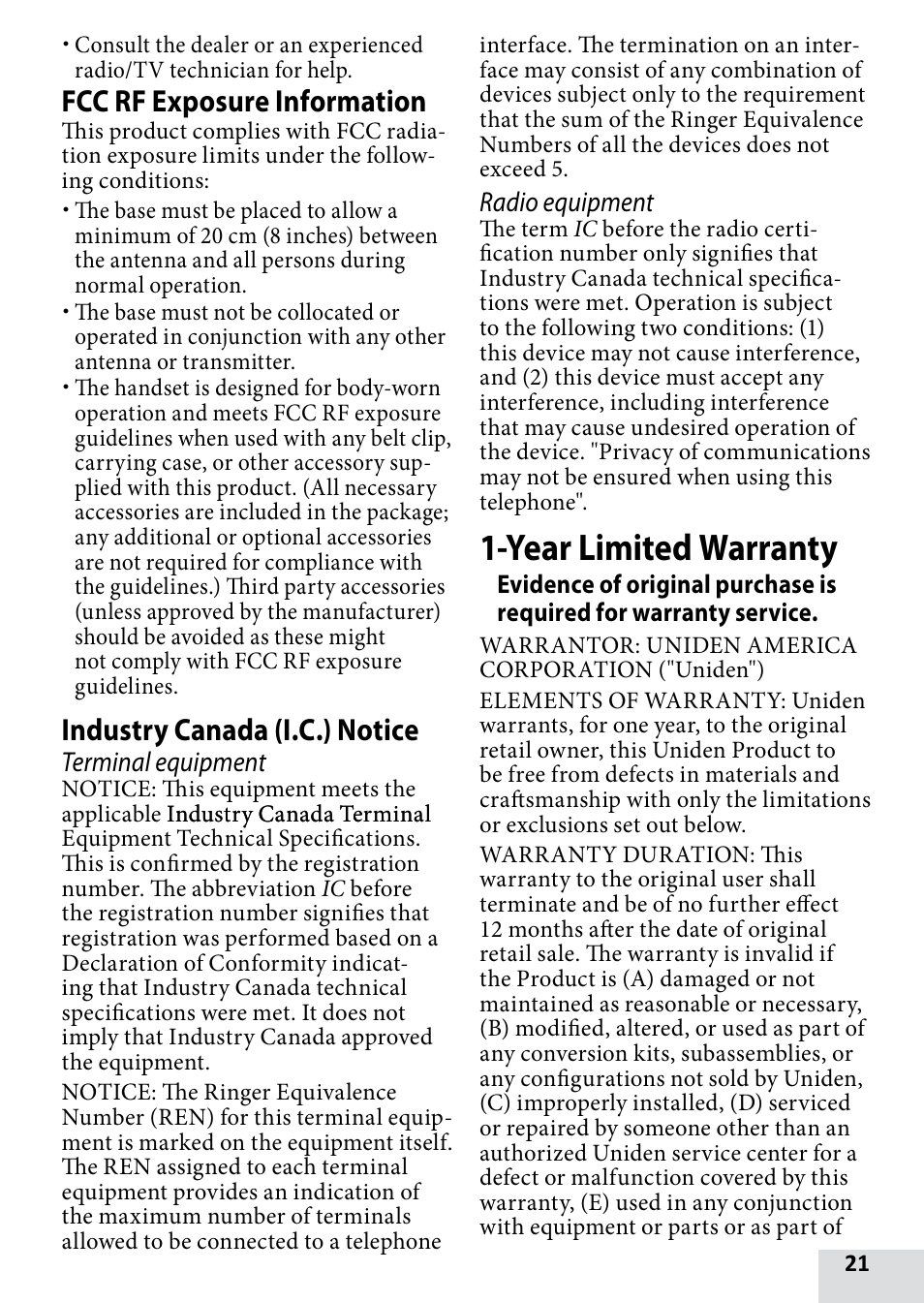 Year limited warranty, Fcc rf exposure information, Industry canada (i.c.) notice | Terminal equipment, Radio equipment | Uniden D1680-9 User Manual | Page 21 / 22