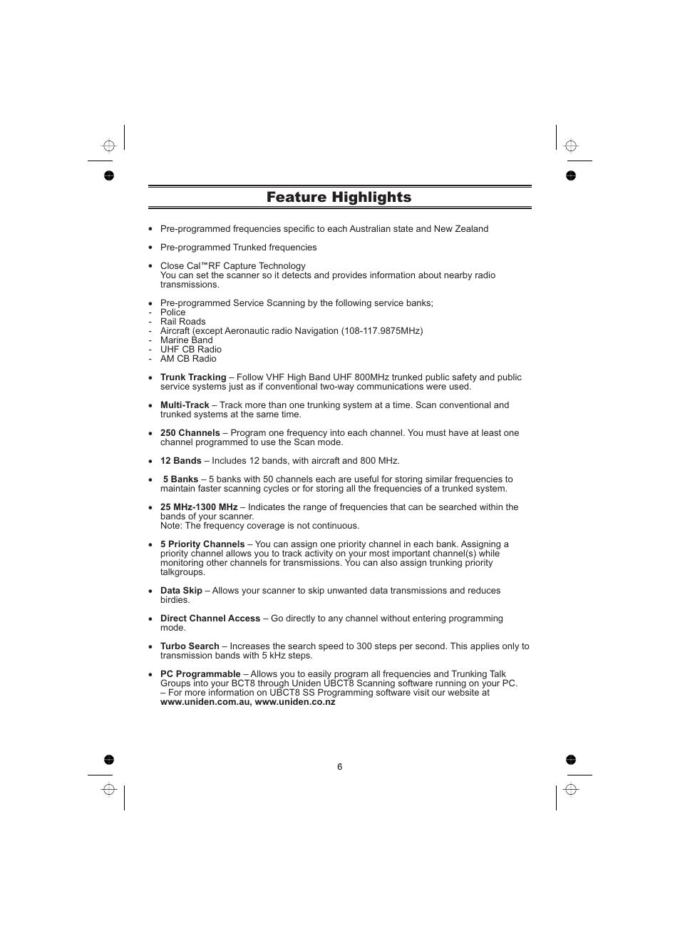 Feature highlights | Uniden UBCT8 User Manual | Page 10 / 68