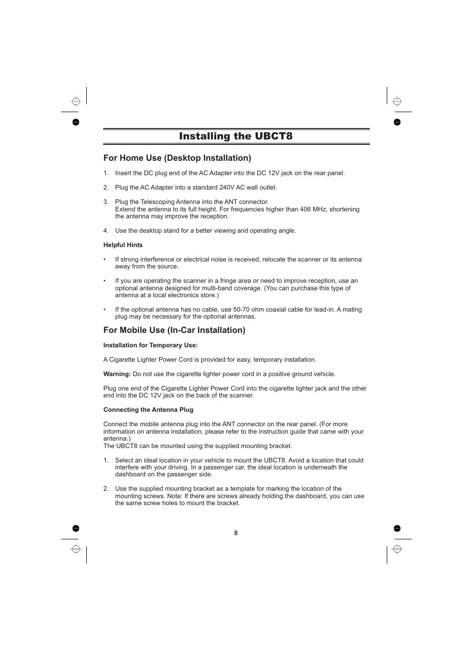Installing the ubct8 | Uniden UBCT8 User Manual | Page 12 / 68