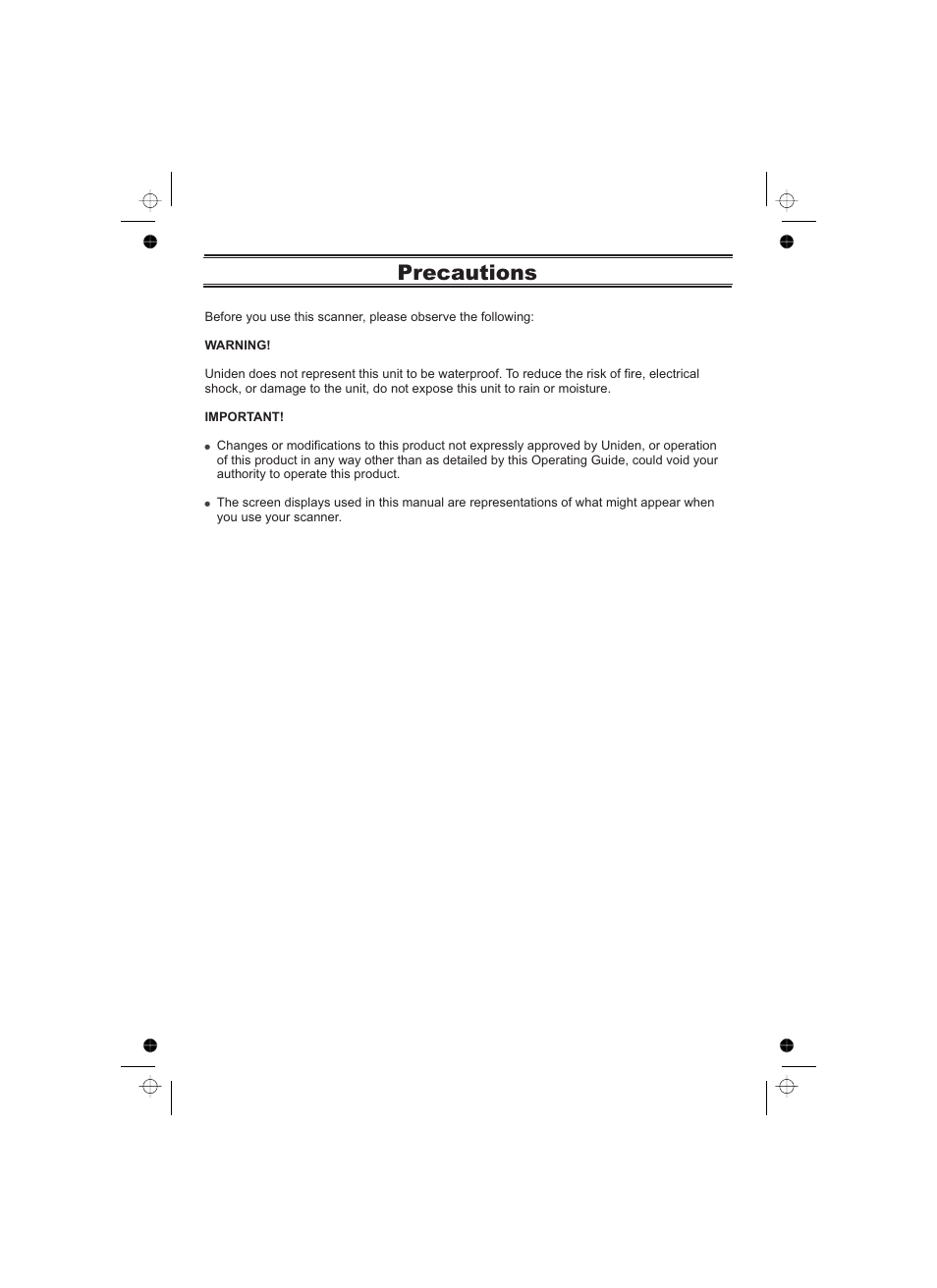 Precautions | Uniden UBCT8 User Manual | Page 2 / 68