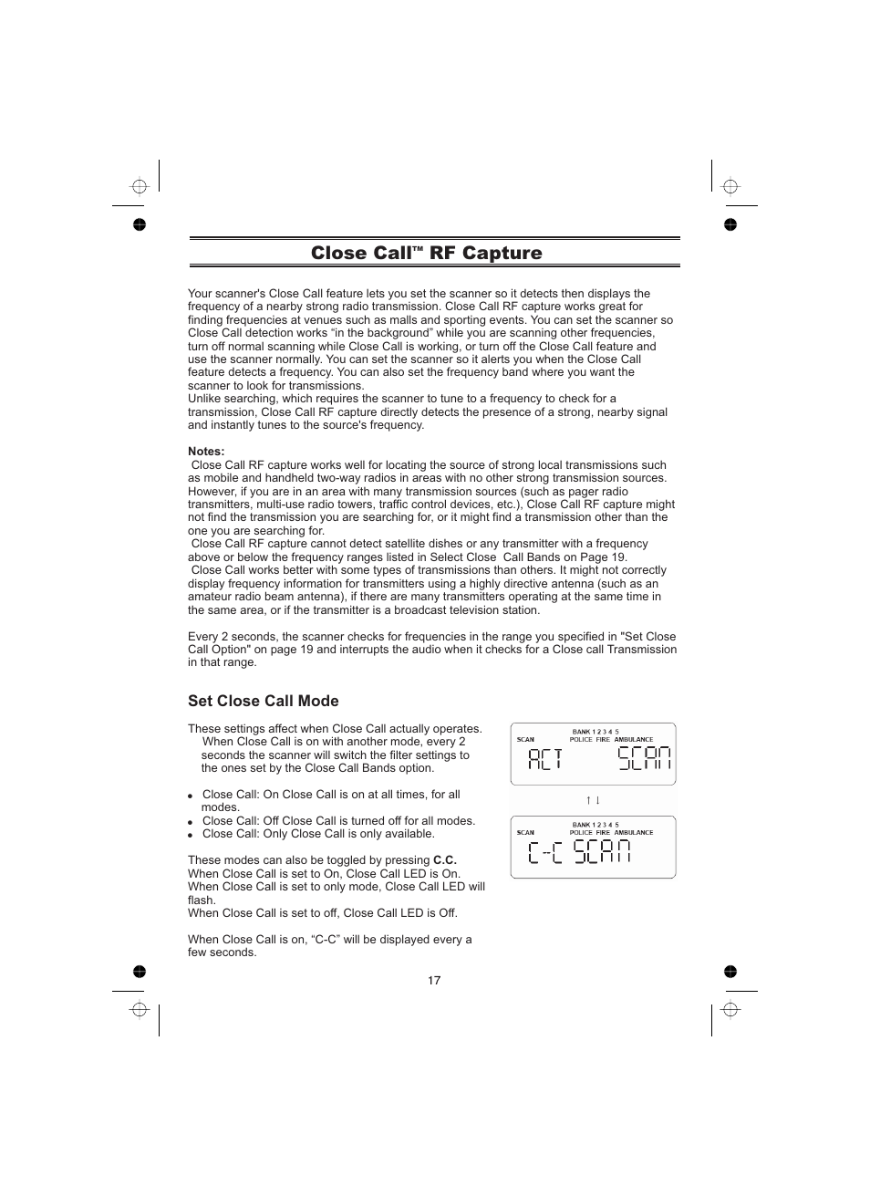 Close call rf capture, Set close call mode | Uniden UBCT8 User Manual | Page 21 / 68