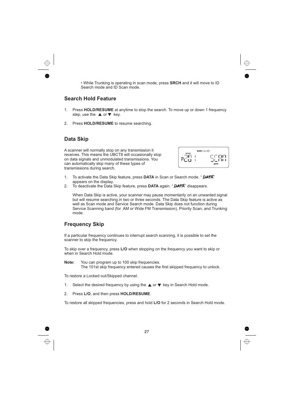 Search hold feature data skip frequency skip | Uniden UBCT8 User Manual | Page 31 / 68