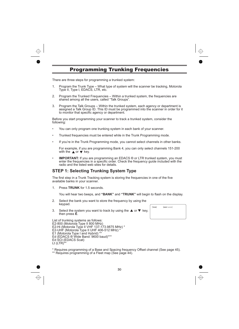 Programming trunking frequencies, Step 1: selecting trunking system type | Uniden UBCT8 User Manual | Page 34 / 68