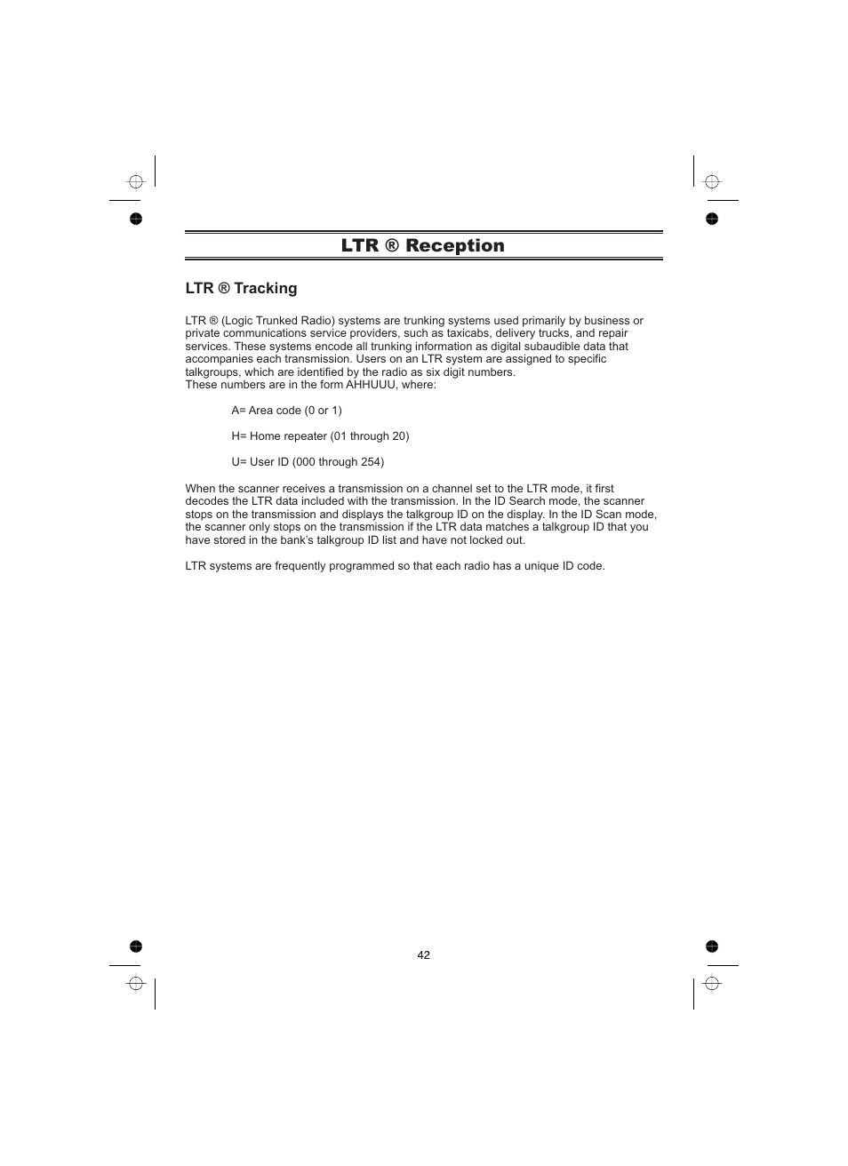 Ltr ® reception | Uniden UBCT8 User Manual | Page 46 / 68
