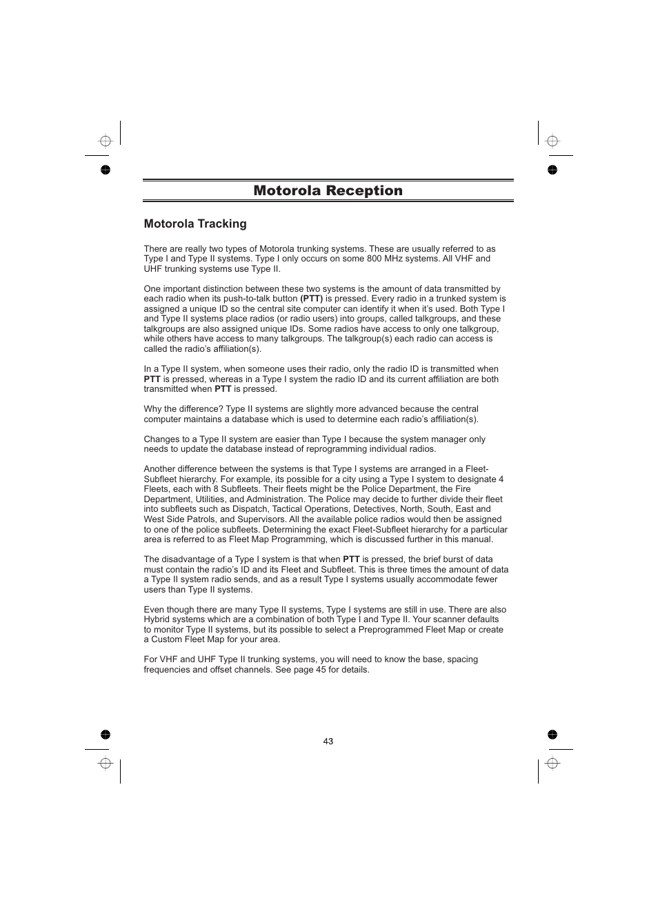 Motorola reception, Motorola tracking | Uniden UBCT8 User Manual | Page 47 / 68