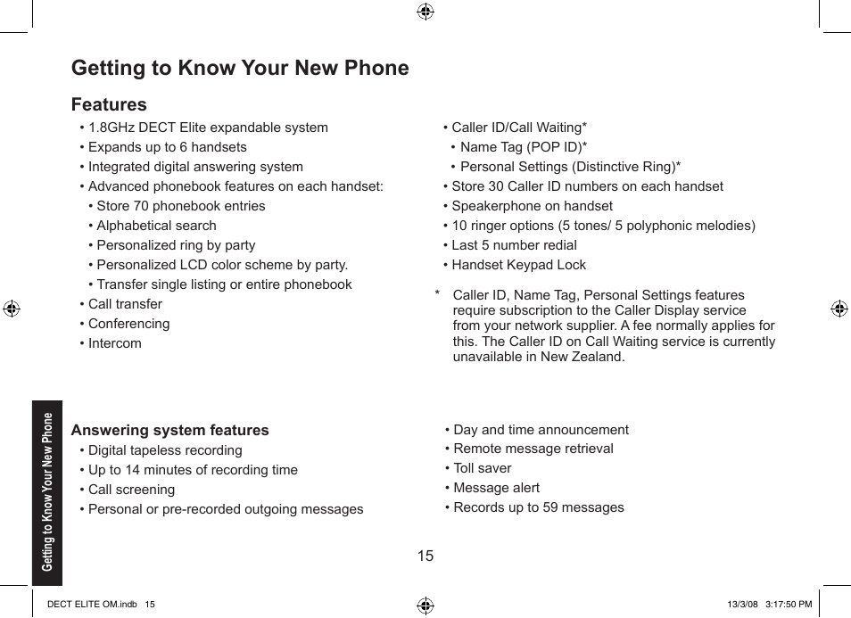 Getting to know your new phone, Features | Uniden 9035 User Manual | Page 16 / 68