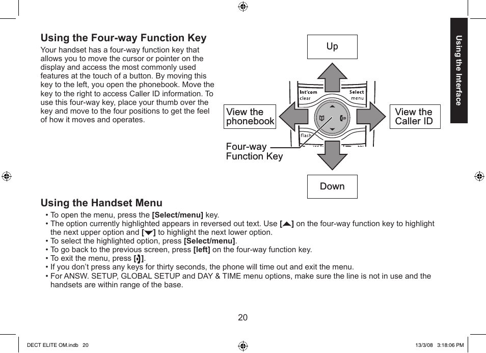 Using the four-way function key, Using the handset menu | Uniden 9035 User Manual | Page 21 / 68