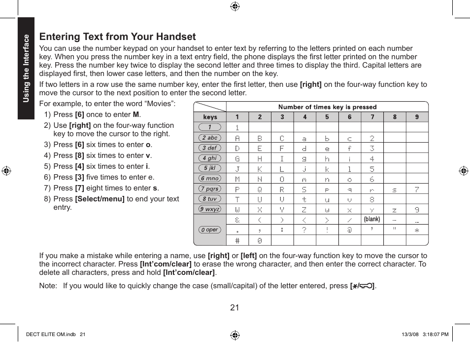 Entering text from your handset | Uniden 9035 User Manual | Page 22 / 68