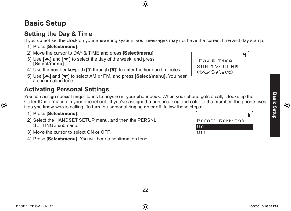 Basic setup, Setting the day & time, Activating personal settings | Uniden 9035 User Manual | Page 23 / 68