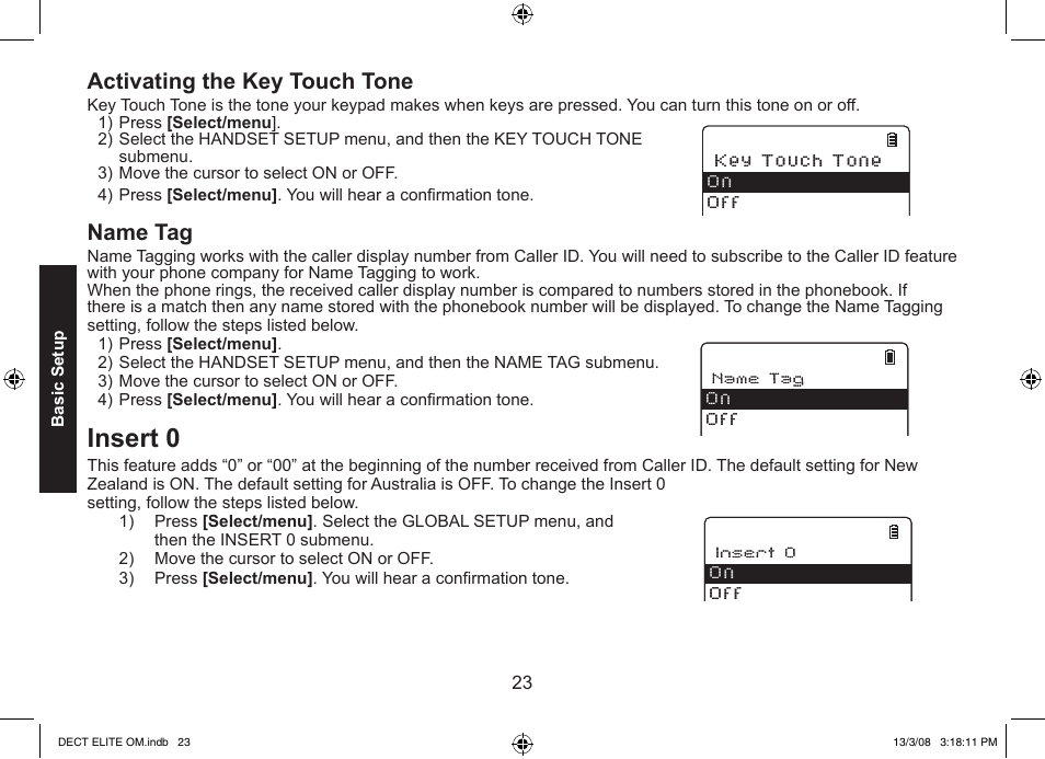 Insert 0, Activating the key touch tone, Name tag | Uniden 9035 User Manual | Page 24 / 68