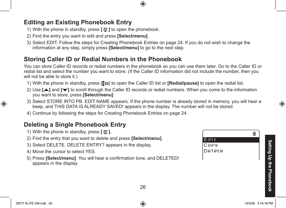 Editing an existing phonebook entry, Deleting a single phonebook entry | Uniden 9035 User Manual | Page 27 / 68