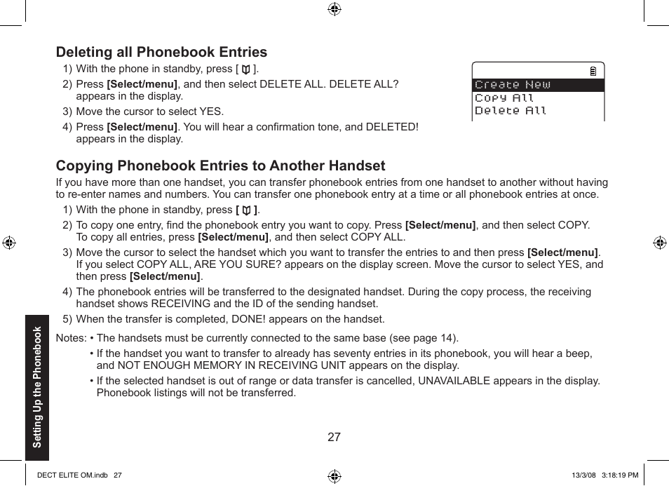 Deleting all phonebook entries, Copying phonebook entries to another handset | Uniden 9035 User Manual | Page 28 / 68