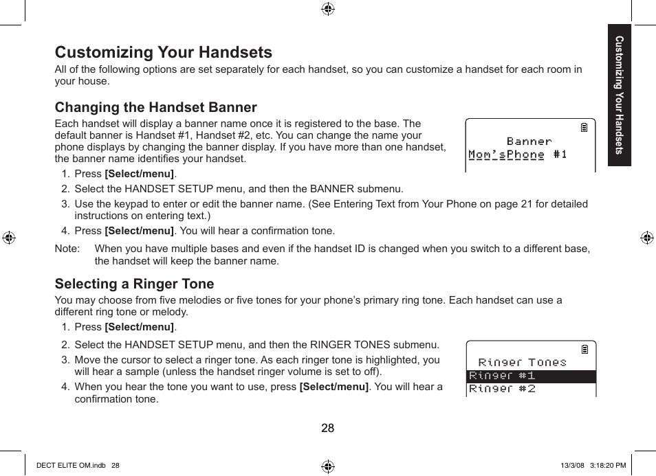 Customizing your handsets, Changing the handset banner, Selecting a ringer tone | Uniden 9035 User Manual | Page 29 / 68