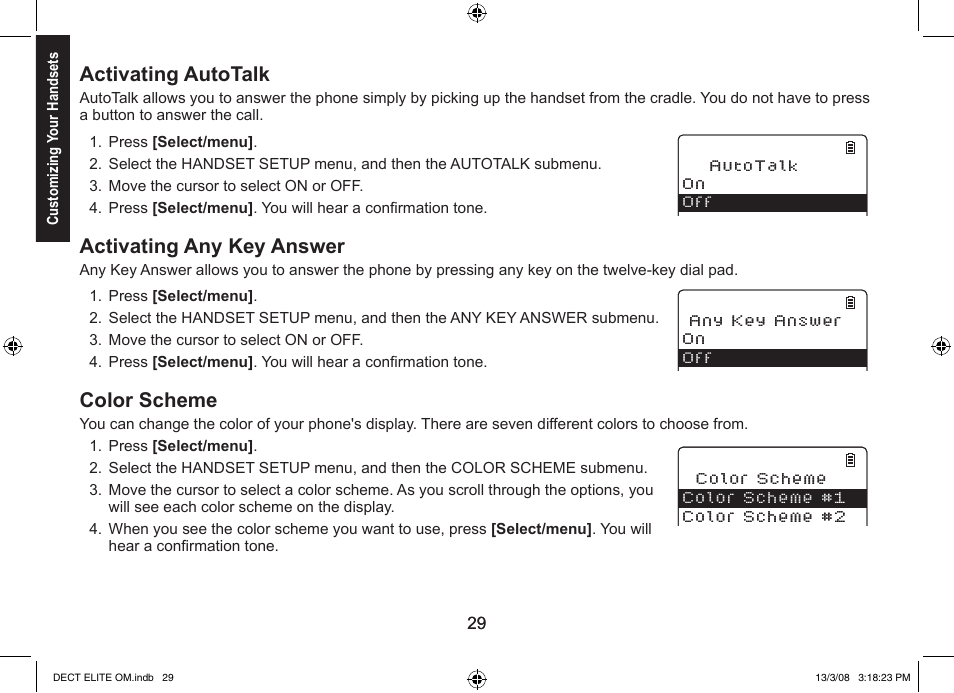 Activating autotalk, Activating any key answer, Color scheme | Uniden 9035 User Manual | Page 30 / 68