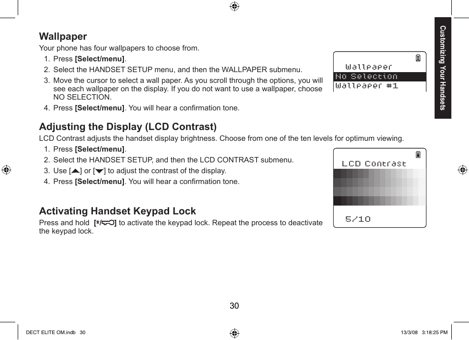 Wallpaper, Adjusting the display (lcd contrast), Activating handset keypad lock | Uniden 9035 User Manual | Page 31 / 68
