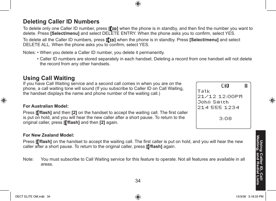 Deleting caller id numbers, Using call waiting | Uniden 9035 User Manual | Page 35 / 68