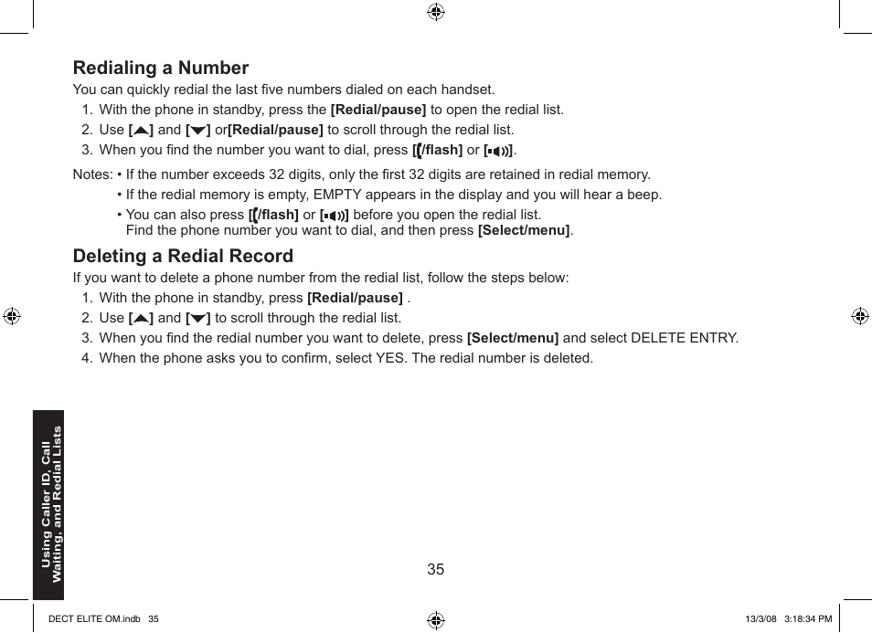 Redialing a number, Deleting a redial record | Uniden 9035 User Manual | Page 36 / 68