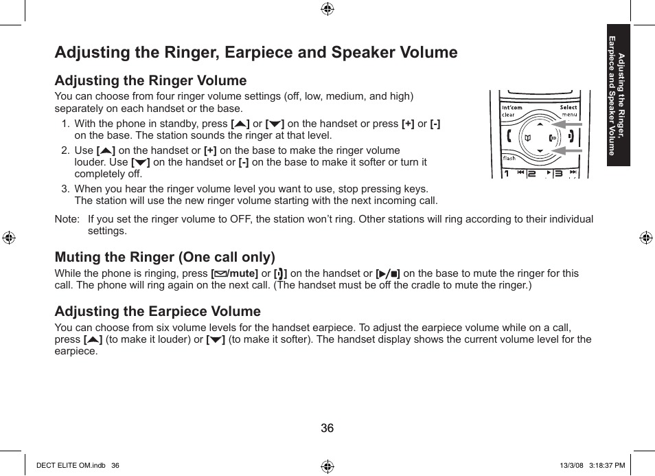 Adjusting the ringer, earpiece and speaker volume, Adjusting the ringer volume, Muting the ringer (one call only) | Adjusting the earpiece volume | Uniden 9035 User Manual | Page 37 / 68