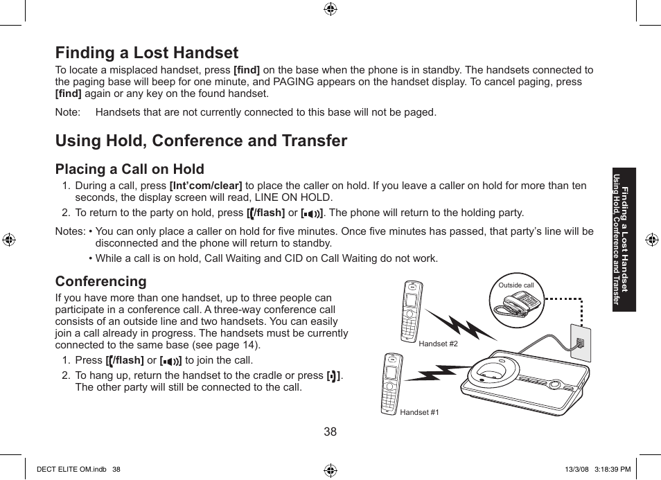 Finding a lost handset, Using hold, conference and transfer, Placing a call on hold | Conferencing | Uniden 9035 User Manual | Page 39 / 68
