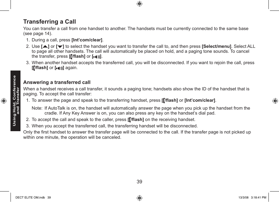 Transferring a call | Uniden 9035 User Manual | Page 40 / 68