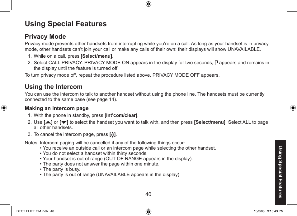 Using special features, Privacy mode, Using the intercom | Uniden 9035 User Manual | Page 41 / 68