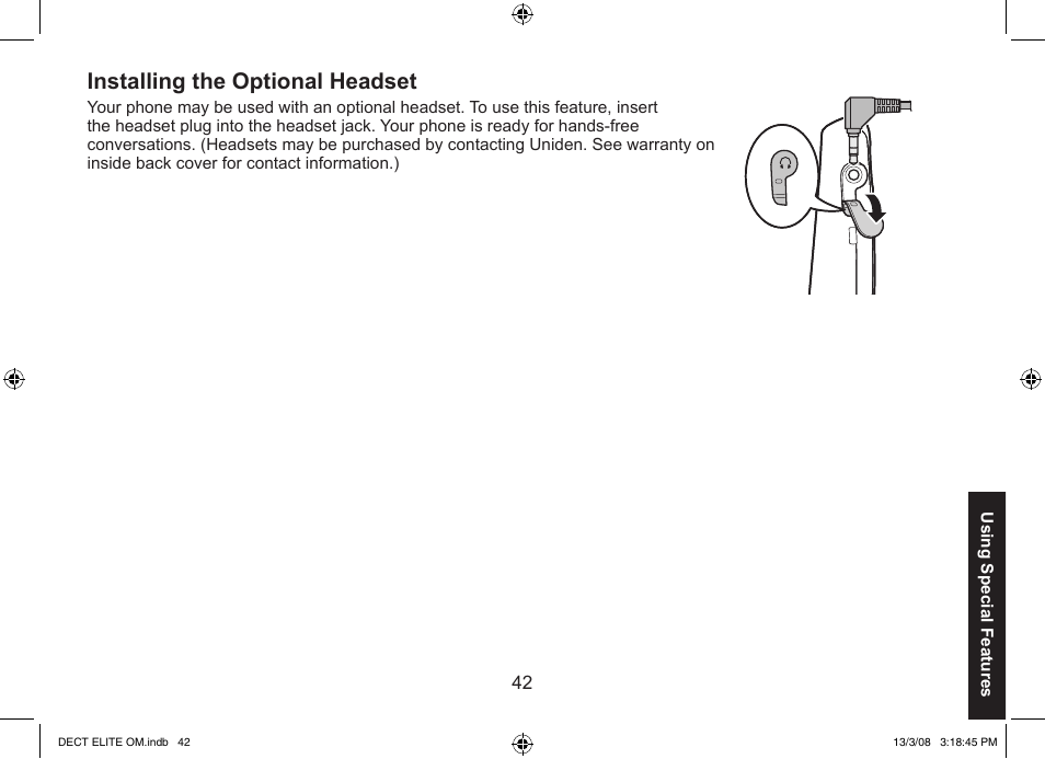 Installing the optional headset | Uniden 9035 User Manual | Page 43 / 68