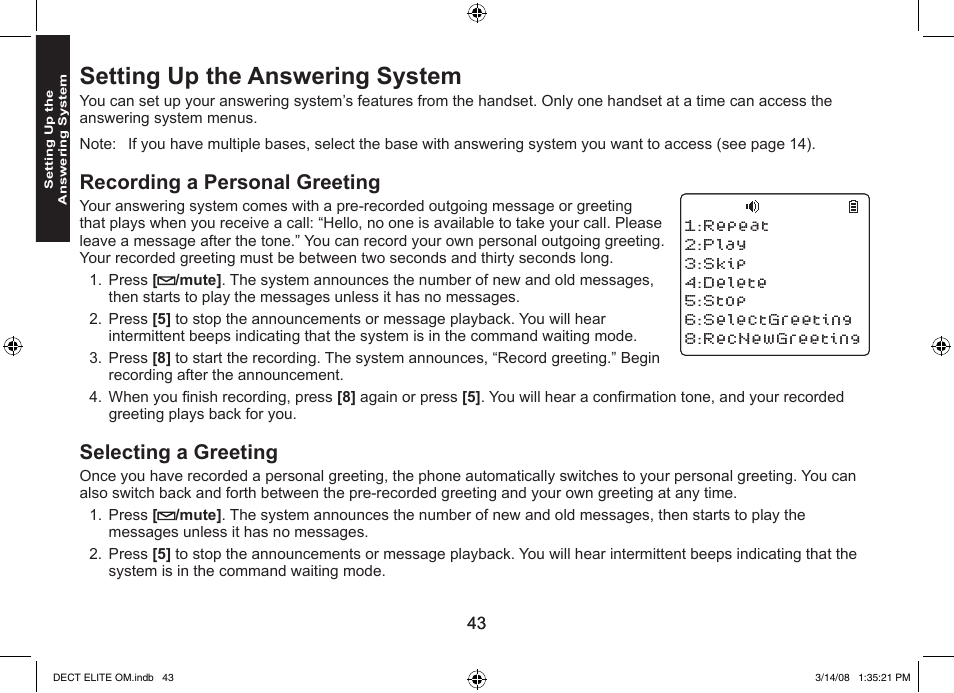Setting up the answering system, Recording a personal greeting, Selecting a greeting | Uniden 9035 User Manual | Page 44 / 68
