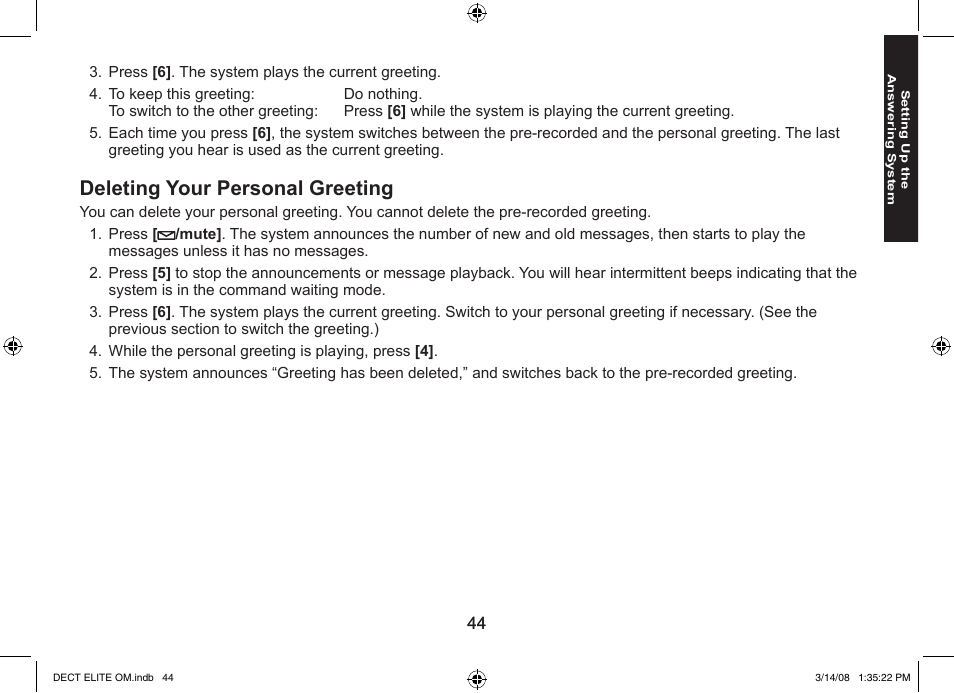 Deleting your personal greeting | Uniden 9035 User Manual | Page 45 / 68