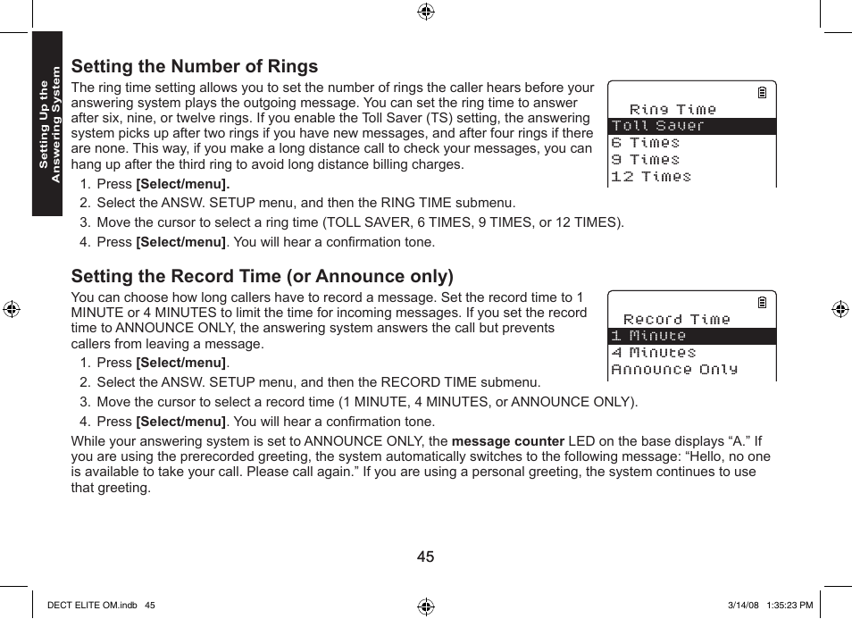 Setting the number of rings, Setting the record time (or announce only) | Uniden 9035 User Manual | Page 46 / 68