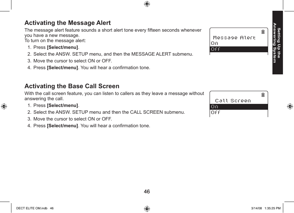 Activating the message alert, Activating the base call screen | Uniden 9035 User Manual | Page 47 / 68