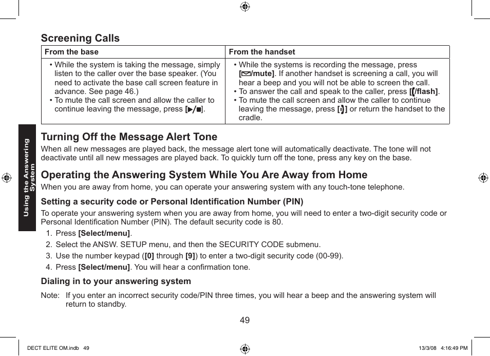 Screening calls, Turning off the message alert tone | Uniden 9035 User Manual | Page 50 / 68