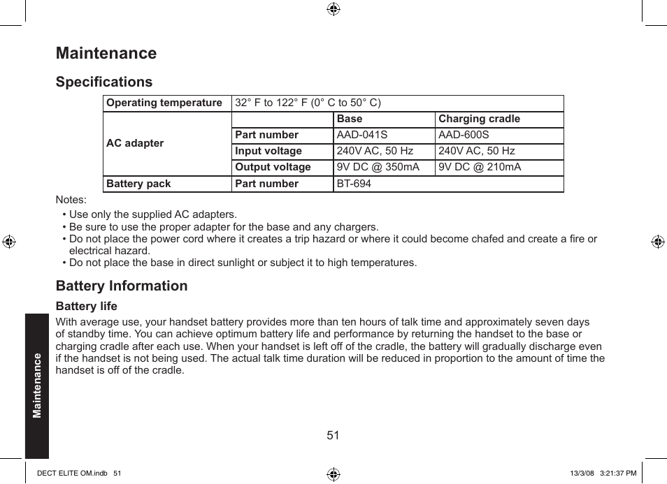Maintenance, Specifications, Battery information | Uniden 9035 User Manual | Page 52 / 68