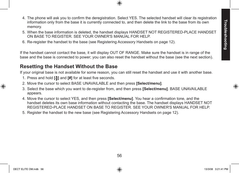 Resetting the handset without the base | Uniden 9035 User Manual | Page 57 / 68