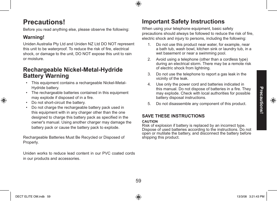 Precautions, Rechargeable nickel-metal-hydride battery warning, Important safety instructions | Uniden 9035 User Manual | Page 60 / 68