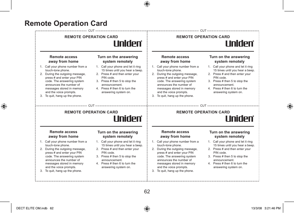Remote operation card | Uniden 9035 User Manual | Page 63 / 68