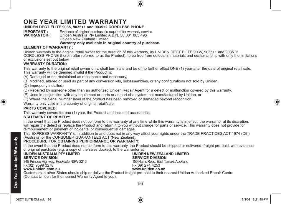 One year limited warranty | Uniden 9035 User Manual | Page 67 / 68