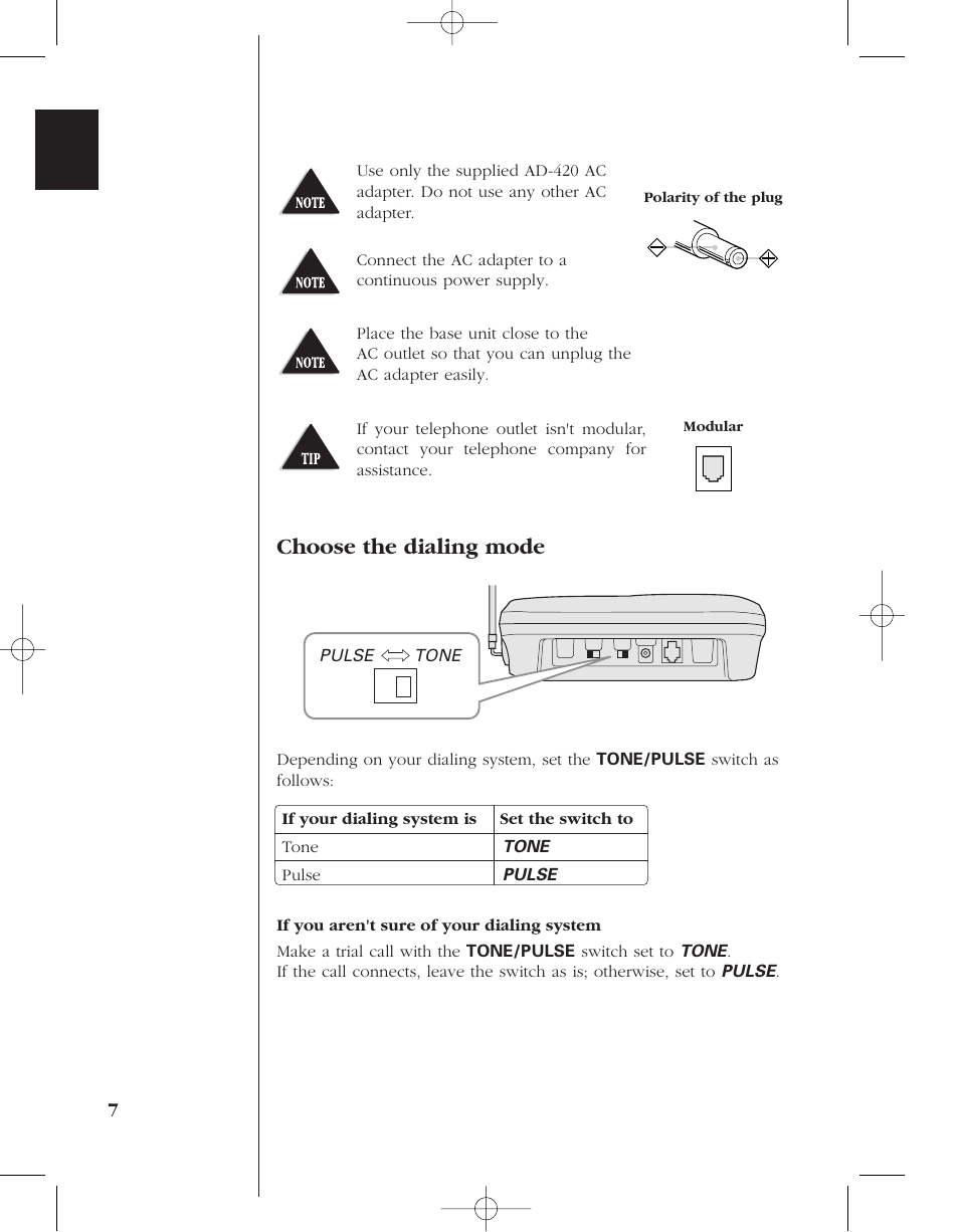 Choose the dialing mode | Uniden 8985 User Manual | Page 10 / 62