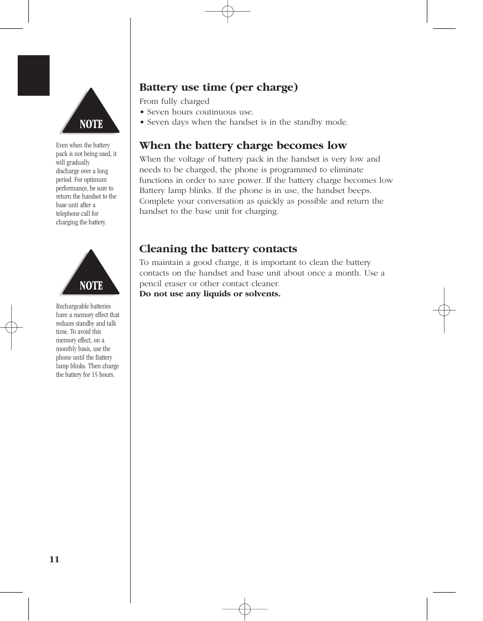Battery use time (per charge), When the battery charge becomes low, Cleaning the battery contacts | Uniden 8985 User Manual | Page 14 / 62