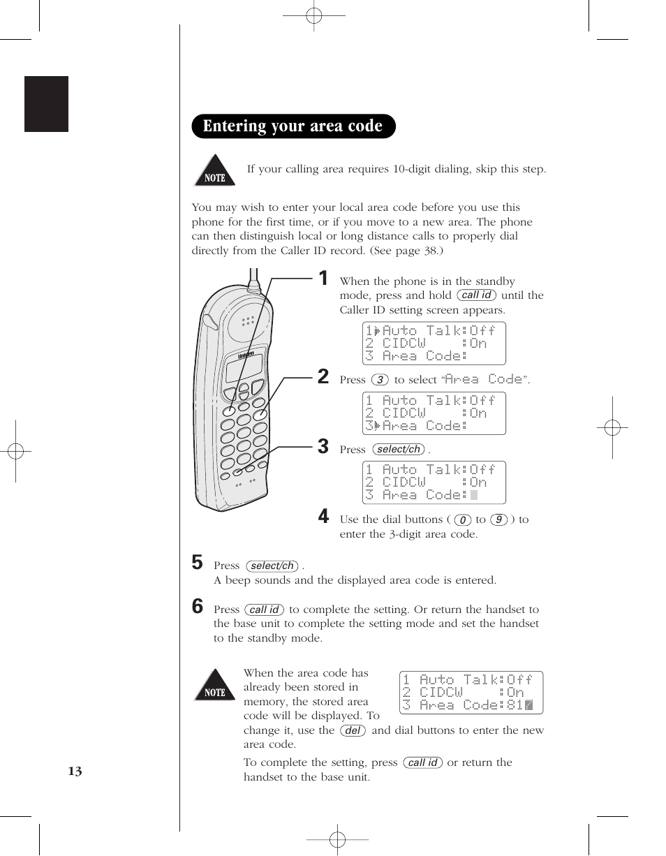 Entering your area code | Uniden 8985 User Manual | Page 16 / 62