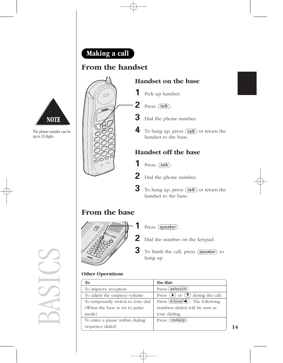 Basics, Making a call from the base | Uniden 8985 User Manual | Page 17 / 62