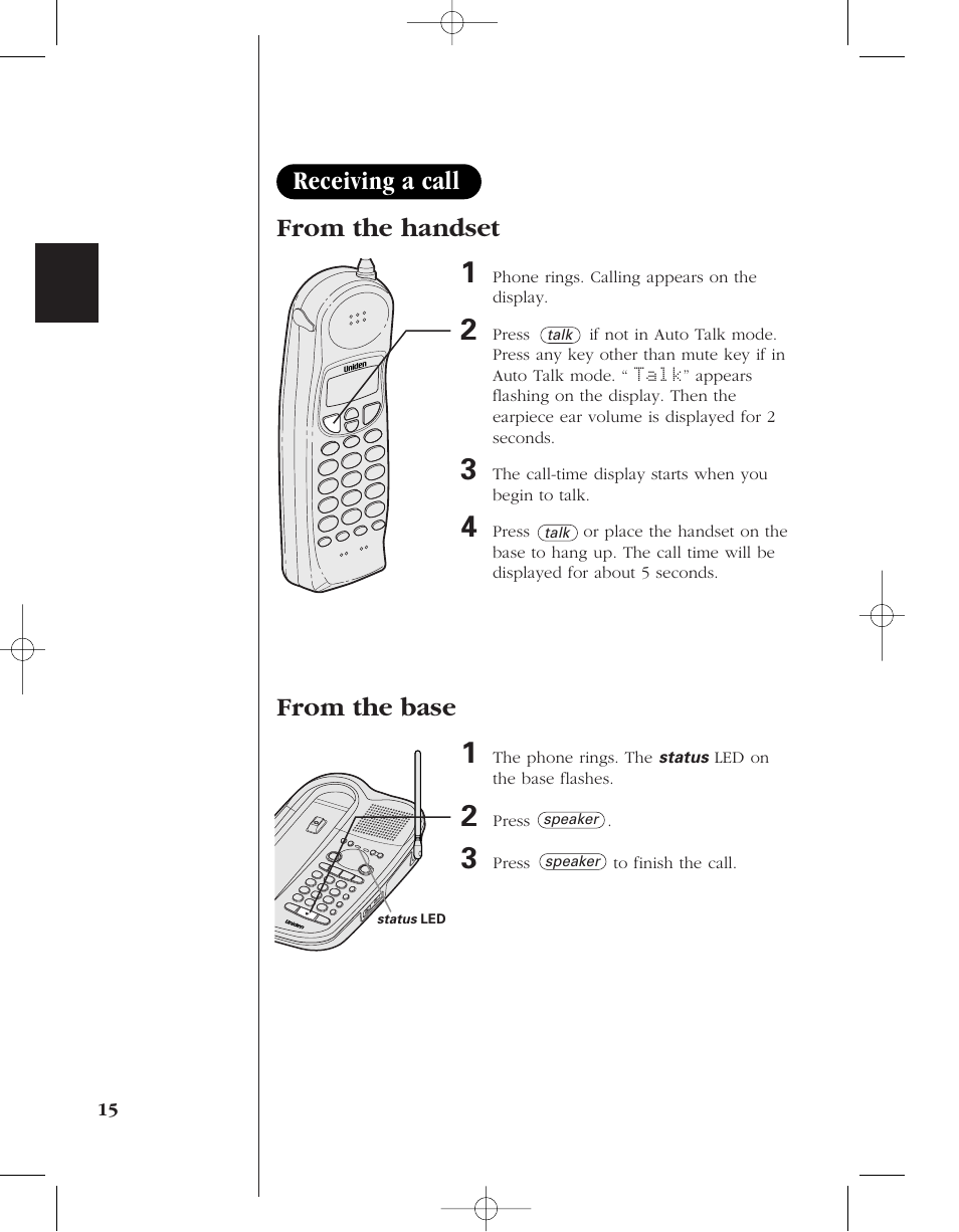 Receiving a call | Uniden 8985 User Manual | Page 18 / 62