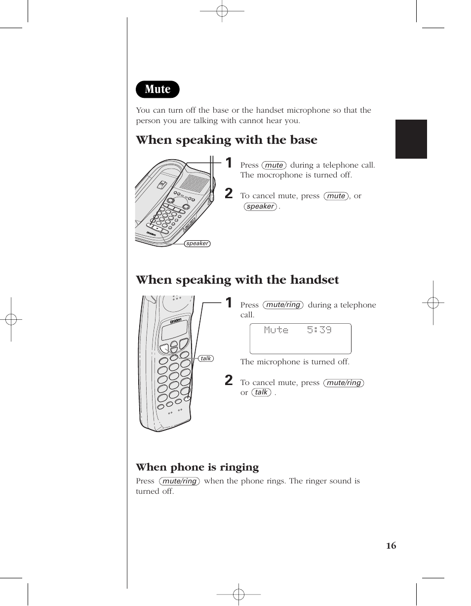 Mute, When speaking with the base, When speaking with the handset | Uniden 8985 User Manual | Page 19 / 62