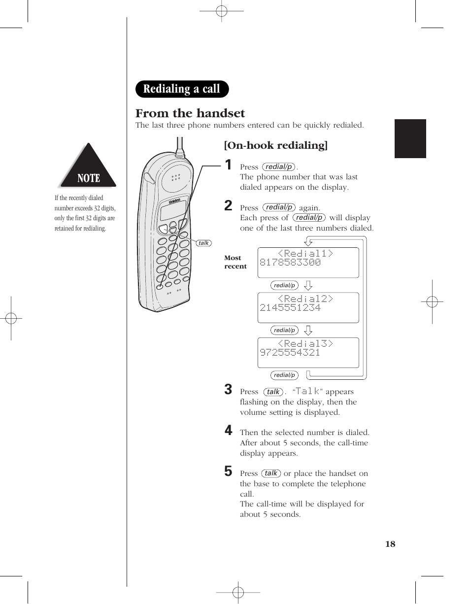 Redialing a call, On-hook redialing | Uniden 8985 User Manual | Page 21 / 62