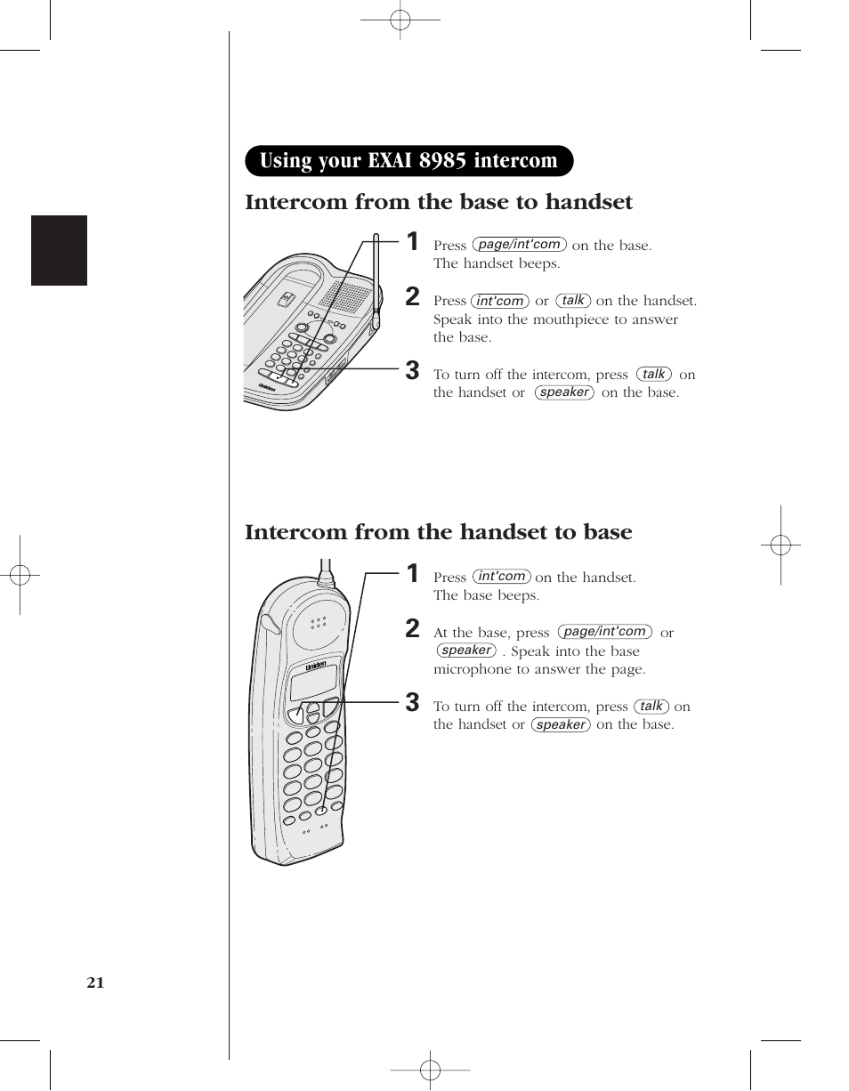 Intercom from the base to handset, Intercom from the handset to base, Using your exai 8985 intercom | Uniden 8985 User Manual | Page 24 / 62