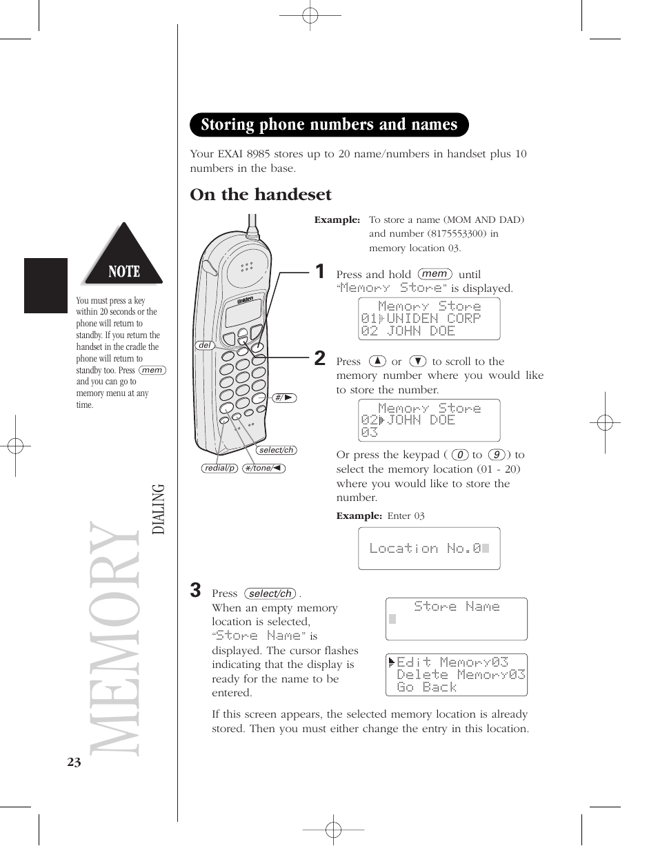 On the handeset, Storing phone numbers and names, Dialing | Uniden 8985 User Manual | Page 26 / 62