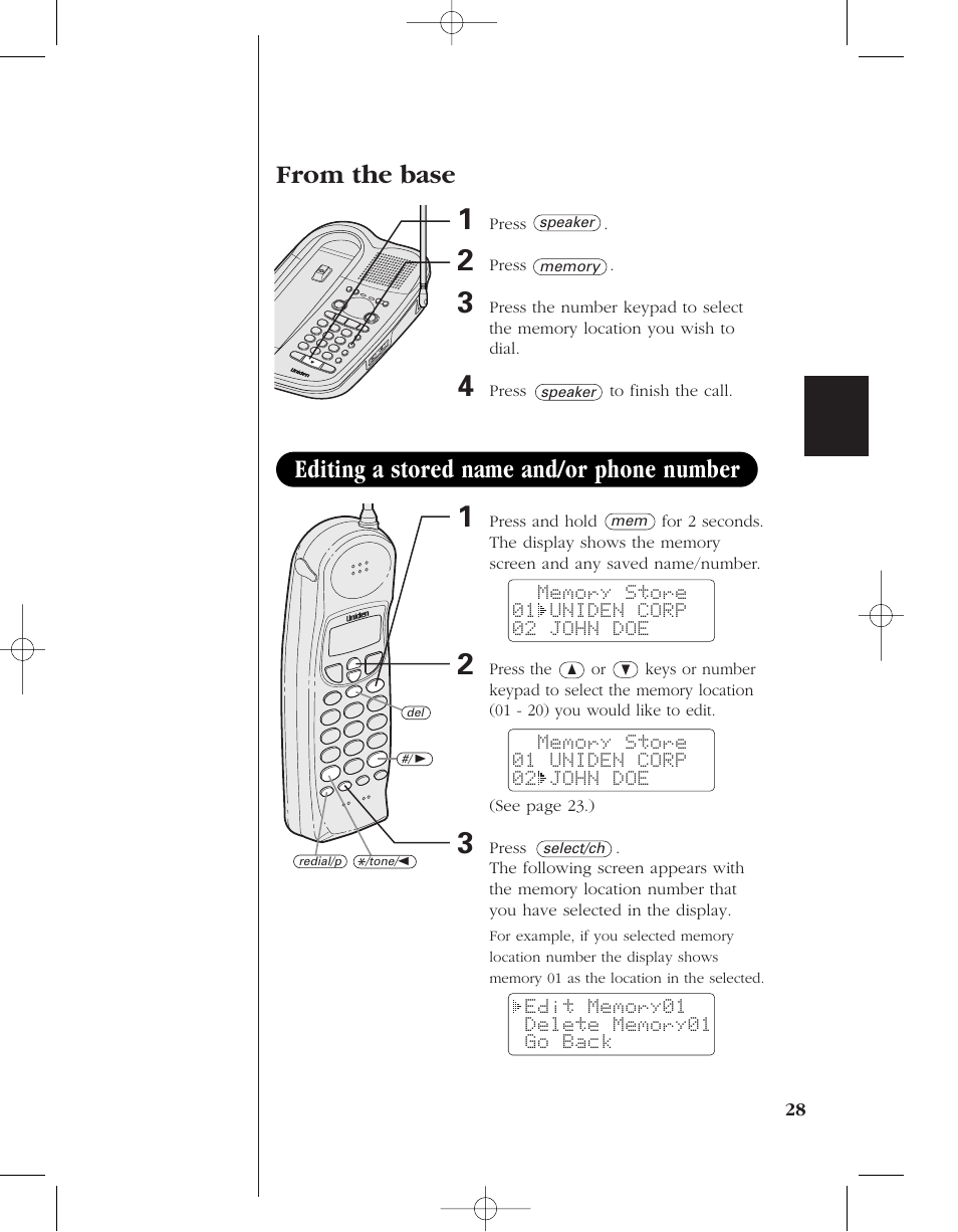 Editing a stored name and/or phone number | Uniden 8985 User Manual | Page 31 / 62