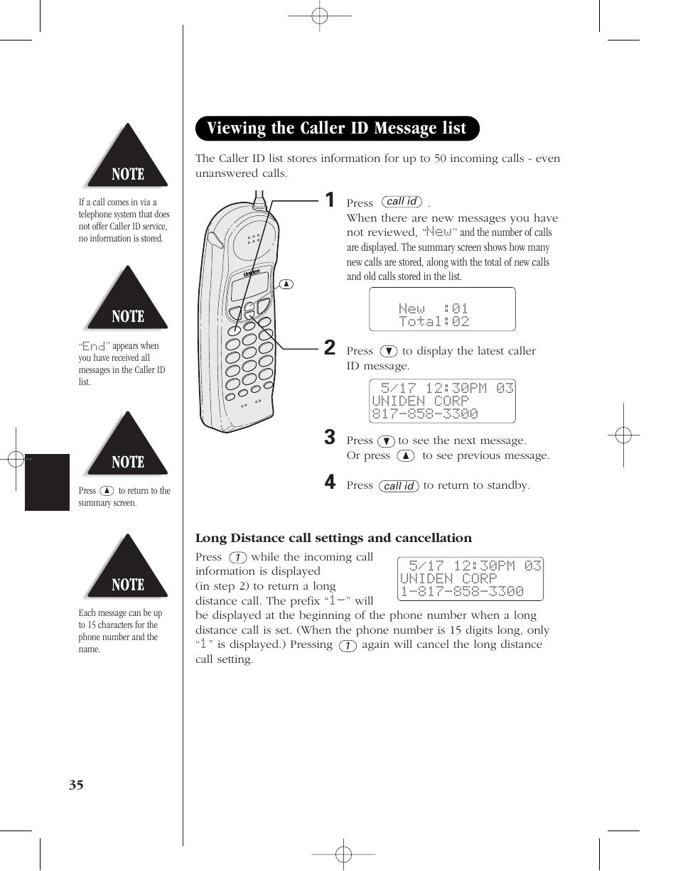 Viewing the caller id message list | Uniden 8985 User Manual | Page 38 / 62