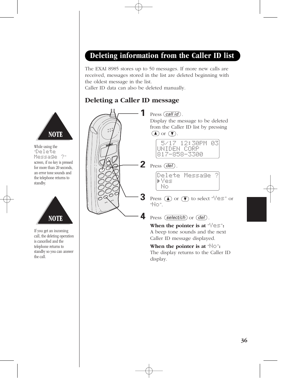 Deleting information from the caller id list, Deleting a caller id message | Uniden 8985 User Manual | Page 39 / 62